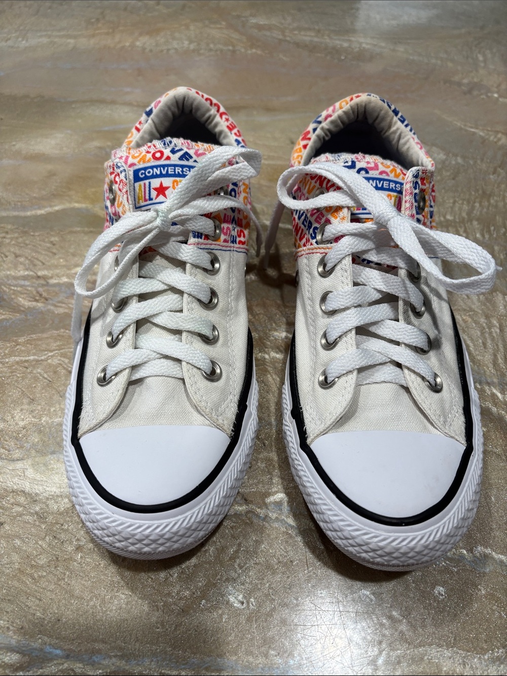 Converse All Star White Low Top Sneakers with Multicolor Logo Trim Size Women’s